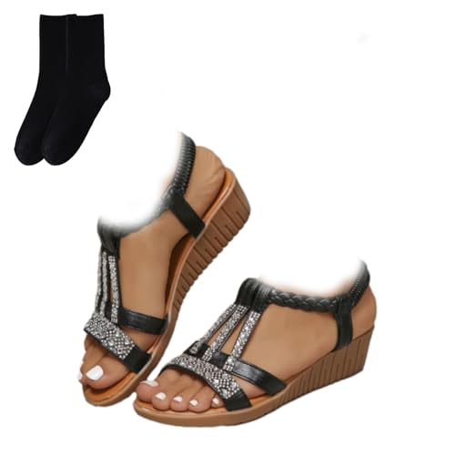 GAGFDA Damen Sommer Strass Open Toe Orthopädische Sandalen Keilsandalen für Frauen Leichte rutschfeste orthopädische Bohemian Sandalen für Frauen, Schwarz A, 35 EU von GAGFDA