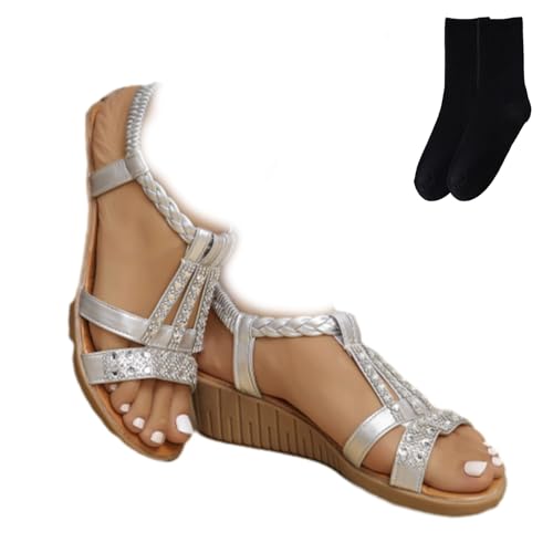 GAGFDA Damen Sommer Strass Open Toe Orthopädische Sandalen Keilsandalen für Frauen Leichte rutschfeste orthopädische Bohemian Sandalen für Frauen, Silber A, 36 EU von GAGFDA