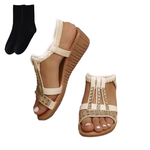 GAGFDA Damen Sommer Strass Open Toe Orthopädische Sandalen Keilsandalen für Frauen Leichte rutschfeste orthopädische Bohemian Sandalen für Frauen, beige, 35 EU von GAGFDA