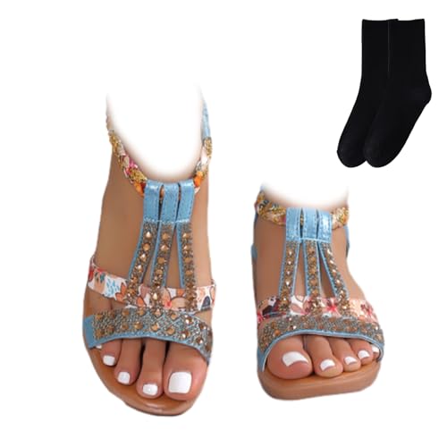 GAGFDA Damen Sommer Strass Open Toe Orthopädische Sandalen Keilsandalen für Frauen Leichte rutschfeste orthopädische Bohemian Sandalen für Frauen, blau, 34 EU von GAGFDA