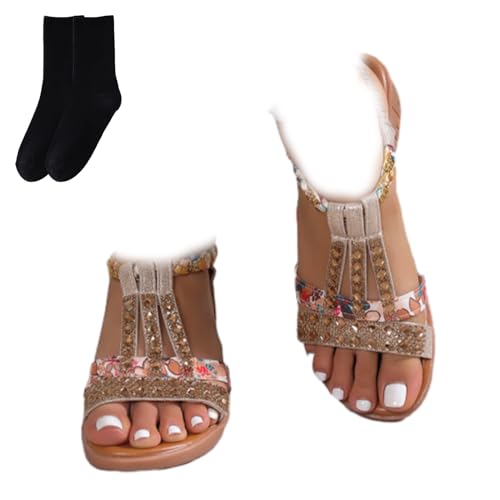 GAGFDA Damen Sommer Strass Open Toe Orthopädische Sandalen Keilsandalen für Frauen Leichte rutschfeste orthopädische Bohemian Sandalen für Frauen, gold, 34 EU von GAGFDA