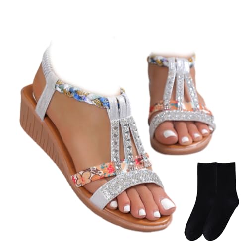 GAGFDA Damen Sommer Strass Open Toe Orthopädische Sandalen Keilsandalen für Frauen Leichte rutschfeste orthopädische Bohemian Sandalen für Frauen, silber, 35 EU von GAGFDA