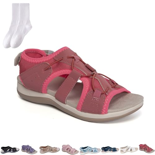 GAGFDA Damen Support & Weich Verstellbare Sandalen Orthopädische Sandalen für Frauen Sommer Atmungsaktive rutschfeste Flache Sandalen für Frauen, rot, 35 EU von GAGFDA