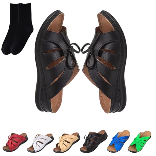 GAGFDA Einfarbige Plateau-Sandalen für Damen, Schnürung, offener Zehenbereich, flache Sandalen, leicht, vielseitig, Sommer, Keilabsatz, Schwarz , 38 EU von GAGFDA