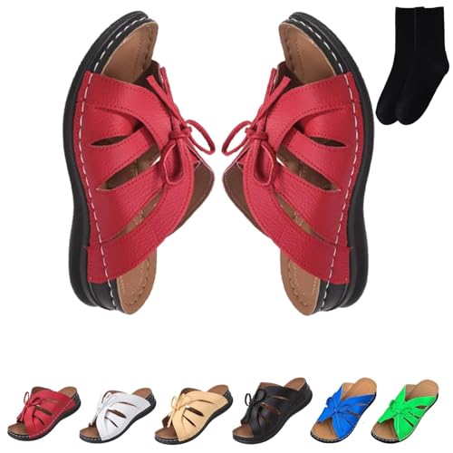 GAGFDA Einfarbige Plateau-Sandalen für Damen, Schnürung, offener Zehenbereich, flache Sandalen, leicht, vielseitig, Sommer, Keilabsatz, rot, 36 EU von GAGFDA