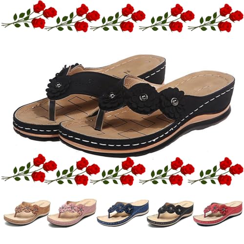 GAGFDA Orthopädische Sandalen für Damen, Fußgewölbeunterstützung, Blumen, Clip-Toe, Sommer, atmungsaktiv, bequem, Wandersandalen für Frauen, orthopädische Flip-Flops für Frauen, Schwarz , 36 EU von GAGFDA