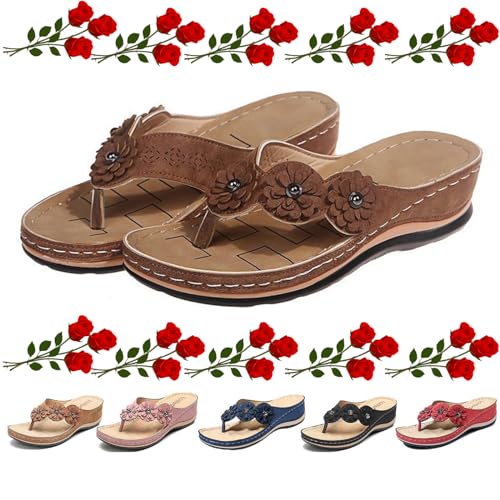 GAGFDA Orthopädische Sandalen für Damen, Fußgewölbeunterstützung, Blumen, Clip-Toe, Sommer, atmungsaktiv, bequem, Wandersandalen für Frauen, orthopädische Flip-Flops für Frauen, braun, 35 EU von GAGFDA