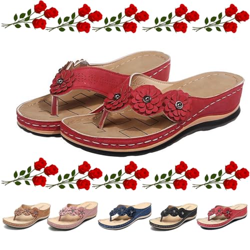 GAGFDA Orthopädische Sandalen für Damen, Fußgewölbeunterstützung, Blumen, Clip-Toe, Sommer, atmungsaktiv, bequem, Wandersandalen für Frauen, orthopädische Flip-Flops für Frauen, rot, 35 EU von GAGFDA