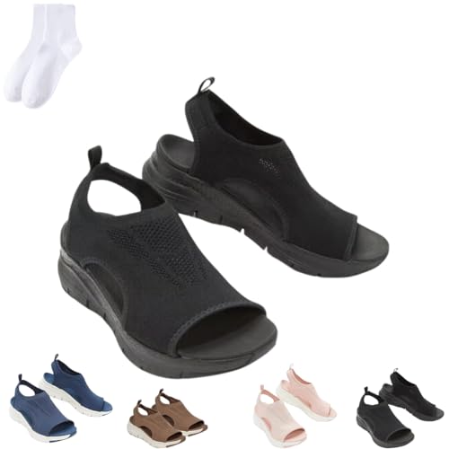 GAGFDA Sommer waschbare Slingback Orthopädische Slide Sport Sandalen Damen Bequeme Sport Knit Sandalen Leicht Atmungsaktiv Mesh Weiche Sohle Orthopädische Sandalen für Frauen, Schwarz , 38 EU von GAGFDA