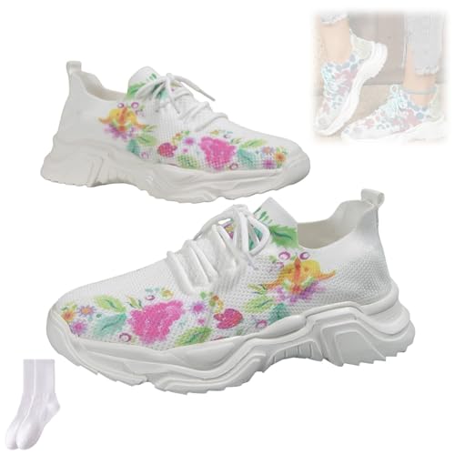 Orthopädische Sneaker mit Blumendruck, Schnürung, atmungsaktiv, orthopädische Sneaker, Netzstoff, rutschfeste dicke Sohle, orthopädische Sneaker für Damen, 404 A, 38 EU von GAGFDA