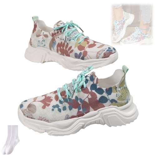 Orthopädische Sneaker mit Blumendruck, Schnürung, atmungsaktiv, orthopädische Sneaker, Netzstoff, rutschfeste dicke Sohle, orthopädische Sneaker für Damen, 405 A, 38 EU von GAGFDA