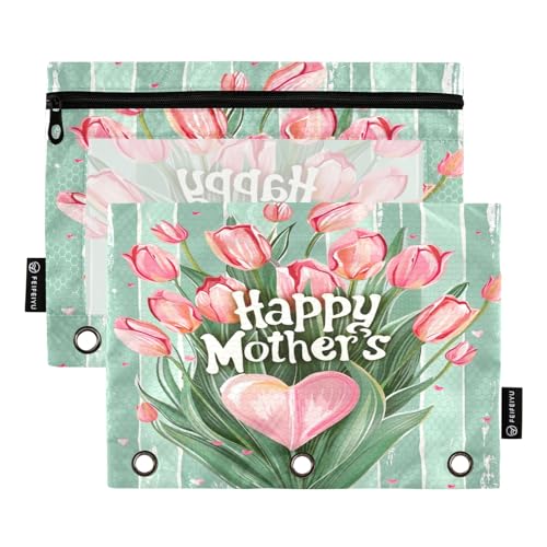 GAIREG Federmäppchen mit Aufschrift "Happy Mother's Day", Herzmotiv, grüne Streifen, Stifteetui, 3-Ringbuch, Federmäppchen für Ordner, 2 Stück von GAIREG