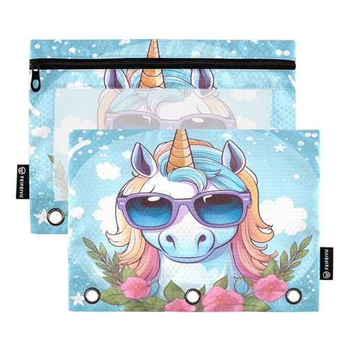 GAIREG Federmäppchen mit niedlichem Einhorn mit Sonnenbrille, für 3 Ringbücher, 2 Stück von GAIREG