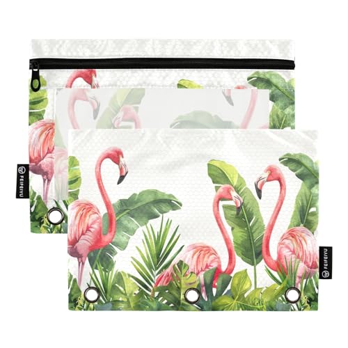GAIREG Federmäppchen mit tropischen Flamingos, grüne Palme, 3-Ringbuch, Reißverschluss, Federmäppchen mit transparentem Fenster, 2 Stück von GAIREG
