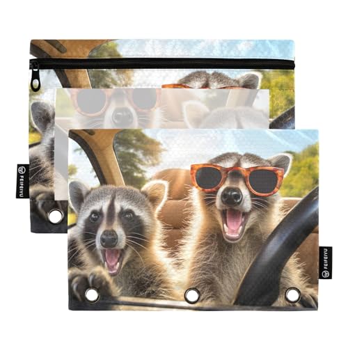 GAIREG Happy Raccoons in Auto-Bindertasche, 2 Stück, 3-Ringbuch, Reißverschluss, Federmäppchen von GAIREG