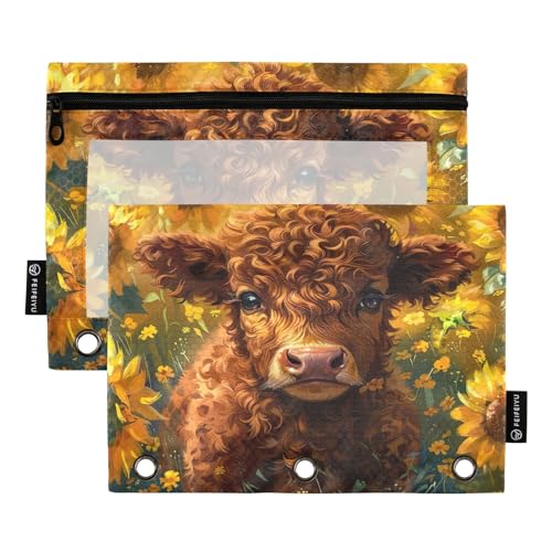 GAIREG Highland Cow Sunflower Federmäppchen für drei Ringbücher, Federmäppchen mit Reißverschluss für Ordner, 2 Stück von GAIREG