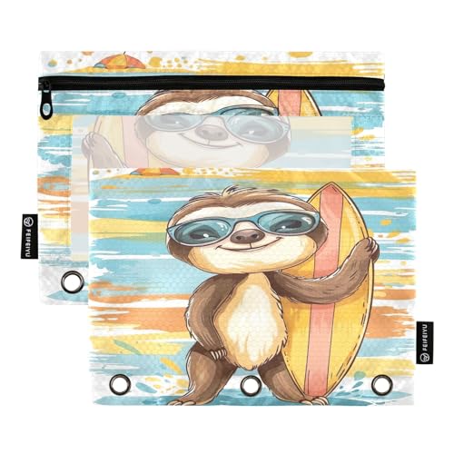 GAIREG Highland Cow with Christmas Hat 3 Ring Binder Pencil Pouch Ring Binder Pencil Case 2 Pack, Süßes Sommer-Faultier-Surfbrett, one sizex2 von GAIREG