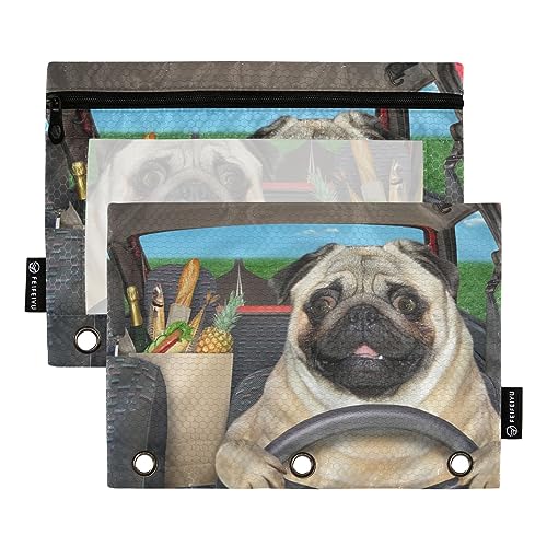 GAIREG Mops Hund Fahren Auto Binder Taschen 3 Ring Binder Taschen mit Reißverschluss 2 Pack von GAIREG