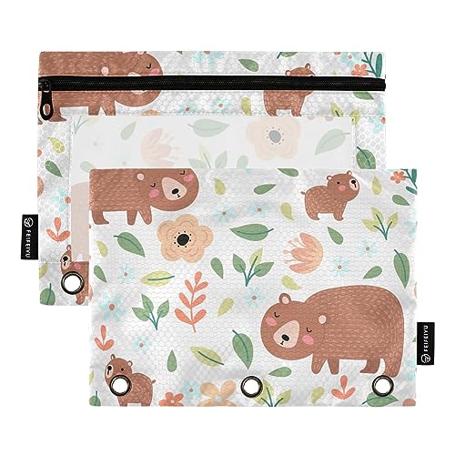 GAIREG Niedliche Bärenfamilie Blumen Binder Bleistift Tasche 3 Ringe Binder Bleistift Tasche Ringbuch Beutel 2 Pack von GAIREG