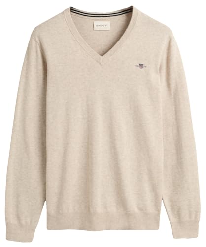 GANT Herren Classic Cotton V-Neck Pullover, Light Beige Melange, XL von GANT