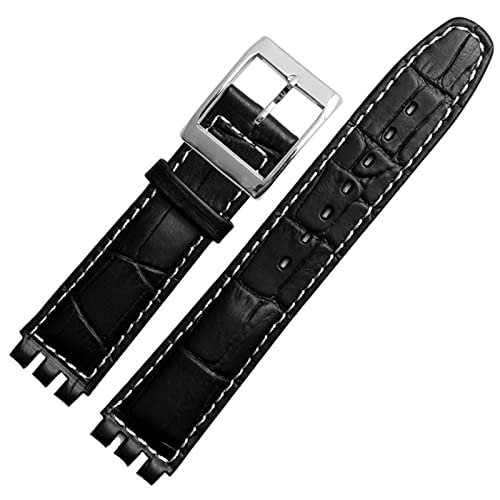 GANYUU 17 mm 19 mm echtes Kalbsleder Armband für Swatch Uhrenarmband Herren Damen Alligatormuster Armband Zubehör (Farbe: Schwarz weiße Linie, Größe: 17 mm) von GANYUU