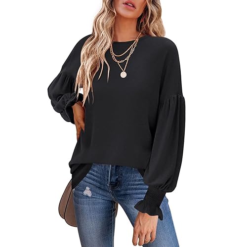 Damen-Tunika Oberteil Pullover Sweatshirt Herbst Damen Einfarbig Laternenärmel T-Shirt Leicht Atmungsaktiv Weich Und Bequem Damen-Oberteil Locker Taschen,A,M von GARCAN