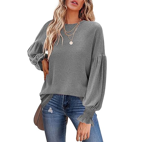 GARCAN Damen-Tunika Oberteil Pullover Sweatshirt Herbst Damen Einfarbig Laternenärmel T-Shirt Leicht Atmungsaktiv Weich Und Bequem Damen-Oberteil Locker Taschen,E,S von GARCAN