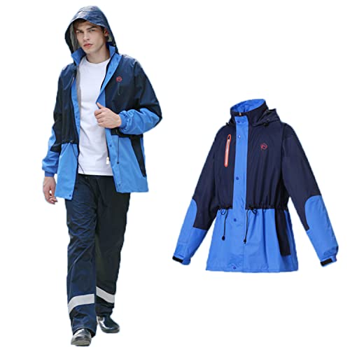 GARCAN Herren Regenanzug Reflektierender Taillen Kordelzug YKK-Reißverschluss Achselbelüftung Versteckter Regenhose Wasserdichter Anzug Outdoor Regenmantel Winddicht Regenjacke,Blau,3XL von GARCAN