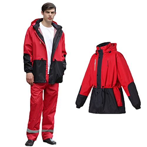 GARCAN Herren Regenanzug Reflektierender Taillen Kordelzug YKK-Reißverschluss Achselbelüftung Versteckter Regenhose Wasserdichter Anzug Outdoor Regenmantel Winddicht Regenjacke,Rot,L von GARCAN