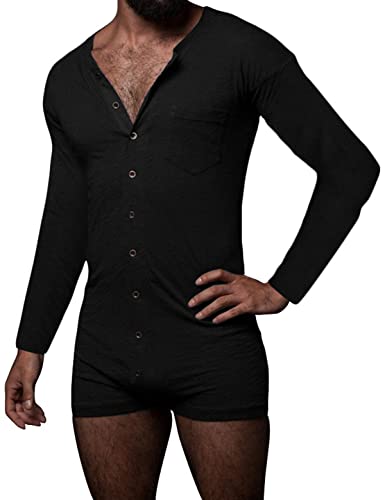 GARCAN Herren Unterwäsche Kurzarm Strampler Overall Henley Jumpsuit Stretchy Cotton Romper Einfarbig Body Atmungsaktiv Schlafen Elastisch Komfortabel Hauskleidung Lange Ärmel Heißer Porno,Schwarz,XL von GARCAN