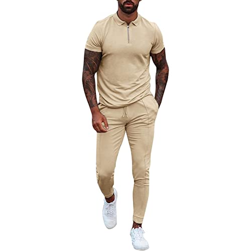 GARCAN Sportanzug Herren Jogginganzug Slim-Trend Kurzarm Hose Zweiteiliges Set 1/4-Revers mit Reißverschluss Einfarbiger Lässiger Jugendanzug Sportbekleidung Hausanzug 2-Piece Sweatshirt,Khaki,L von GARCAN