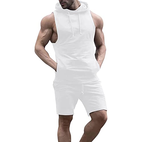 Zweiteiler Herren 2-Teilig Kurzarm Anzug Sommer Weste Anzug Männer T-Shirt Hose Klassisch Outfit Einfarbig Leicht Shorts Set Jogginganzug Baumwolle Ärmellose Weste mit Kapuze,Weiß,XXL von GARCAN