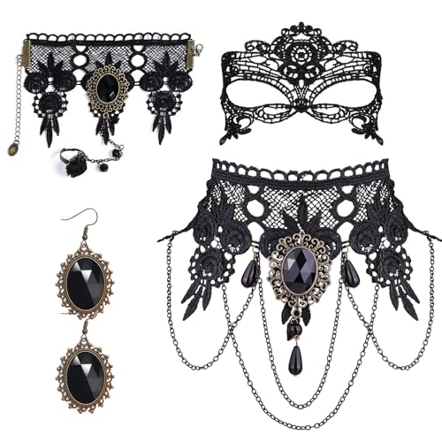 GAROMIA Choker Halsband Schwarz Gotisch Armbänder Victorian Spitze Masken Steampunk Retro Zahnräder Spitze Vampir Armband für Halloween Ostern Lolita von GAROMIA