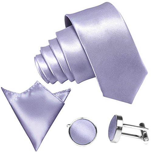 GASSANI 3-SET Krawattenset, 8,5Cm Breite Hell-Violette Herren-Krawatte Schmal Manschettenknöpfe Ein-Stecktuch, Bräutigam Hochzeitskrawatte Glänzend von GASSANI