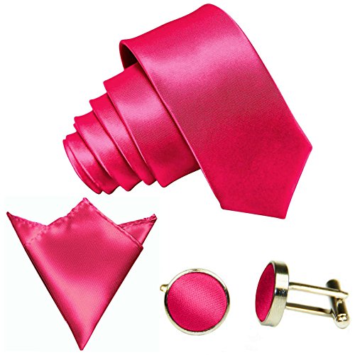 GASSANI 3-SET Krawattenset, 8,5Cm Breite Pinke Rosane Herren-Krawatte Schmal Manschettenknöpfe Ein-Stecktuch, Bräutigam Hochzeitskrawatte Glänzend von GASSANI