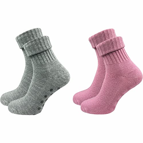 GAWILO 2 Paar Damen Stoppersocken aus Wolle | Rutschfeste Hausschuhsocken | Weiche, kuschlige & warme Socken mit Noppen (35-38, hellgrau | rosa (farbig 2)) von GAWILO