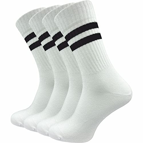 Tennissocken für Herren (4 Paar) | sehr hochwertige Sportsocken | Retro Socken mit verstärkter Ferse und Spitze (as3, numeric, numeric_47, numeric_50, regular, regular, weiß + Retro Ringel, 47-50) von GAWILO