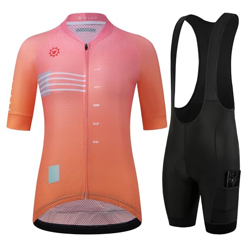 GCRFL Damen Radtrikot-Sets Rennradtrikot Reitshirts Hoch Atmungsaktiv Trägerhose mit Taschen und 4D Gepolstert, rosa/orange, M von GCRFL