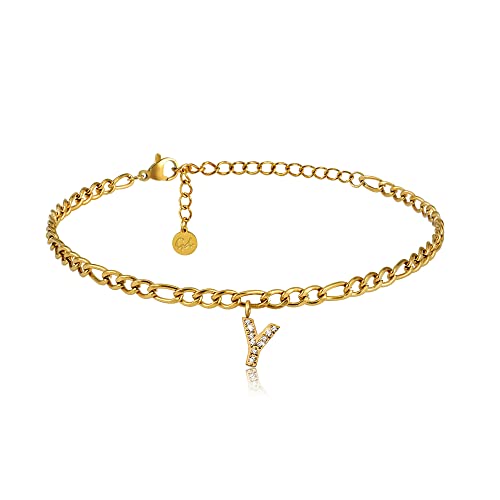 GD GOOD.designs Fußkettchen Gold mit Buchstaben wasserfest I Fussbändchen für Damen 18K vergoldet I Fußkette verstellbar (22-27cm) aus Edelstahl von GD GOOD.designs