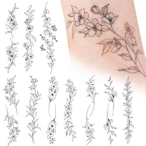 10 Blätter Fake Tattoos Blumen Schwarz Temporäre Klebetattoos Erwachsene Wasserdicht Tattoo Mädchen Arm Tattoo Klebe Aufkleber Tatoos zum Aufkleben Frauen Damen Kinder Männer von GEBETTER