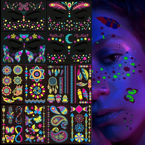 12 Blatt Temporäre Tattoos Neon UV Schwarzlicht Party Leucht Fluoreszierend Klebetattoos Fake Gesichtstattoo Erwachsene Wasserfest Klebe Tattoo für Karneval Party Konzert Festival von GEBETTER