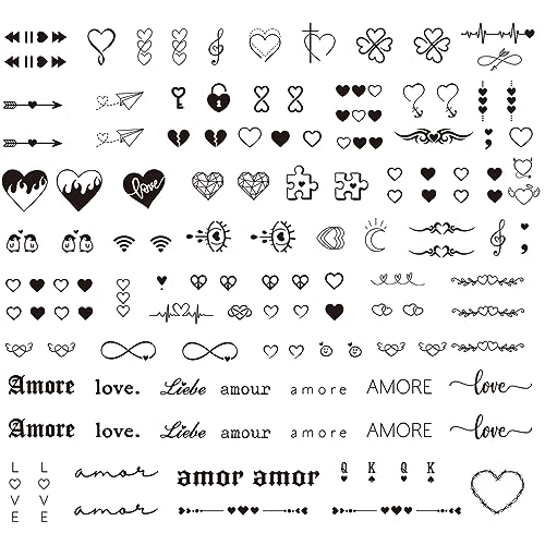 2 Blätter Fake Tattoos Herz Love Schwarz Temporäre Klebetattoos Erwachsene Wasserdicht Tattoo Mädchen Arm Tattoo Klebe Aufkleber Tatoos zum Aufkleben Frauen Damen Kinder Männer von GEBETTER