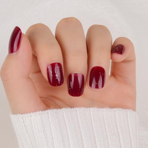 24 Stück Künstliche Nägel zum Aufkleben Kurz Rot mit Kleberpads Press on Nails Falsche Fingernägel Fake Kunstnägel Maniküre DIY Nagelkunst für Frauen Damen Hochzeit Weihnachten Neujahr von GEBETTER