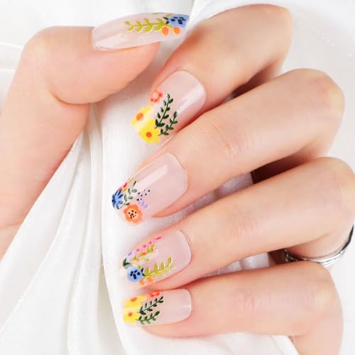 24 Stück Künstliche Nägel zum Aufkleben Lang mit Kleberpads Press on Nails Falsche Fingernägel Fake Kunstnägel Maniküre DIY Nagelkunst für Frauen Damen Hochzeit Frühling Sommer von GEBETTER