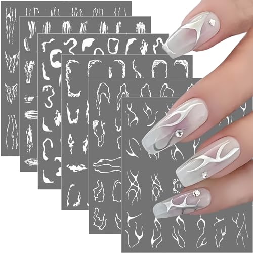 6 Blatt Nagelsticker Selbstklebend Silber Abstrakte Linie Nagel Sticker Nagelaufkleber Glitzer Aufkleber Nail Art Stickers Zubehör DIY für Damen Mädchen Weihnachten Nagelkunst Dekoration von GEBETTER