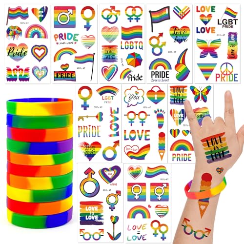 GEBETTER 10 Blatt LGBTQ Temporäre Tattoo +10 Stück Regenbogen Gummibänder Gay Pride Geschenk regenbogenfarbenes Band für Parade Fest Frauen Männer Schwul Lesbisch Stolz LGBT Feiern Party Mitbringsel von GEBETTER