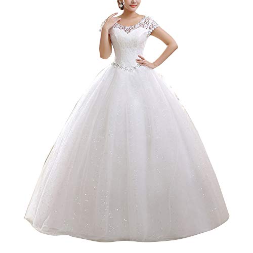 GELing Damen Hochzeitskleid Brautkleid Runde Ausschnitt Kurzarm Lange Spitzen Abendkleider Weiß EU 40 von GELing