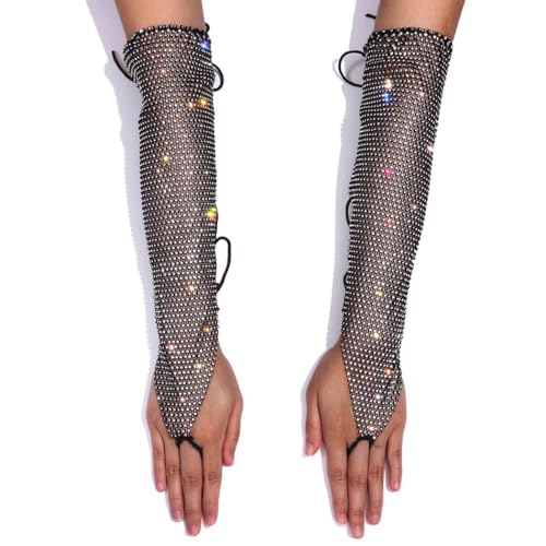 GEMILY Fingerlose Netzhandschuhe, glitzernde Strass-Handschuhe, Fischnetz-Glitzer, Rave, lange Cosplay-Handschuhe für Damen und Mädchen, Farbe: Schwarz, Einheitsgröße von GEMILY