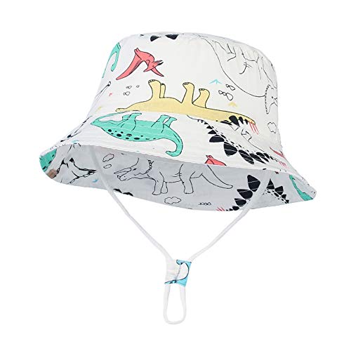 GEMVIE Sonnenhut Baby Mädchen Fischerhut Kinder Baumwolle Mütze Jungen Sommer Sonnenschutz Hat mit Dinosauriermuster (Weiß, 1-2 Jahre) von GEMVIE