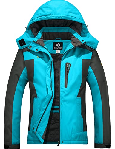 GEMYSE Damen Wasserdichte Berg-Skijacke Winddichte Fleece Outdoor-Winterjacke mit Kapuze (Hellblau Grau,S) von GEMYSE